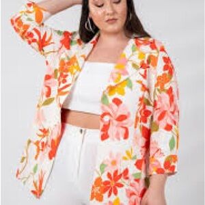 Ventti Floral Linen Blazer in Red, Orange, and Green